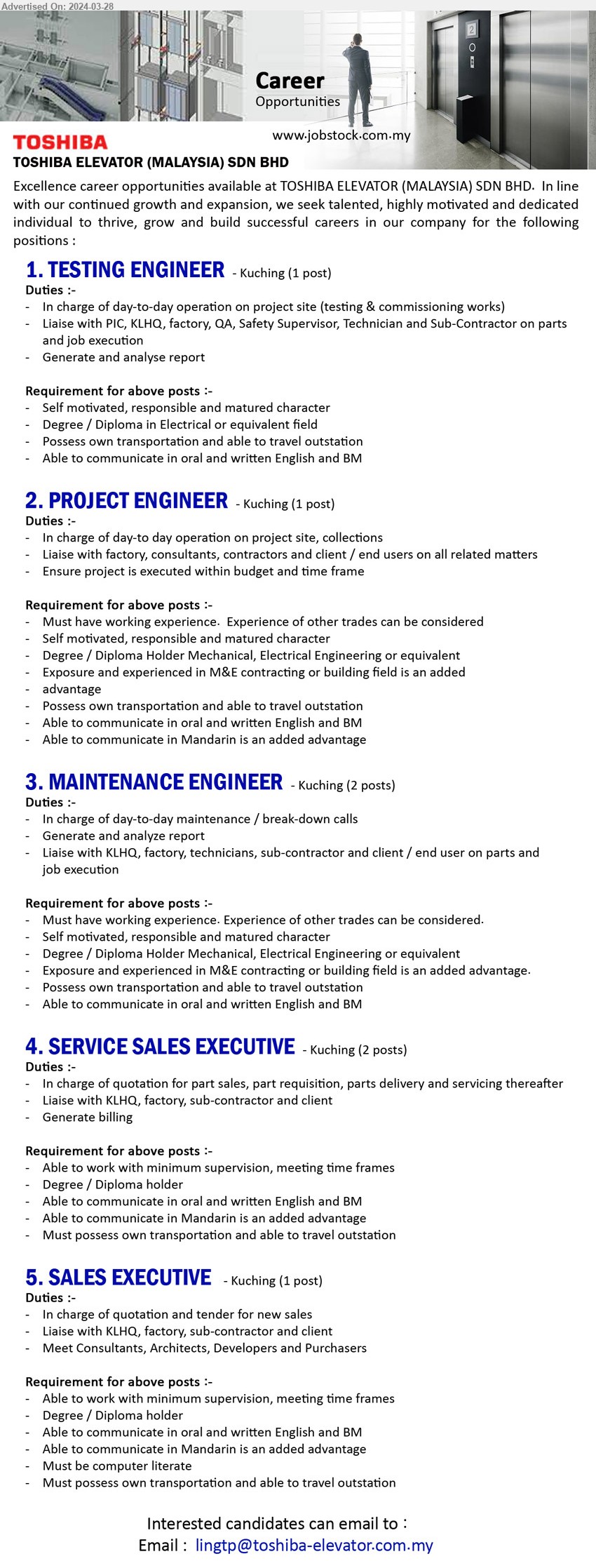 Toshiba Elevator Malaysia Sdn Bhd Project Engineer