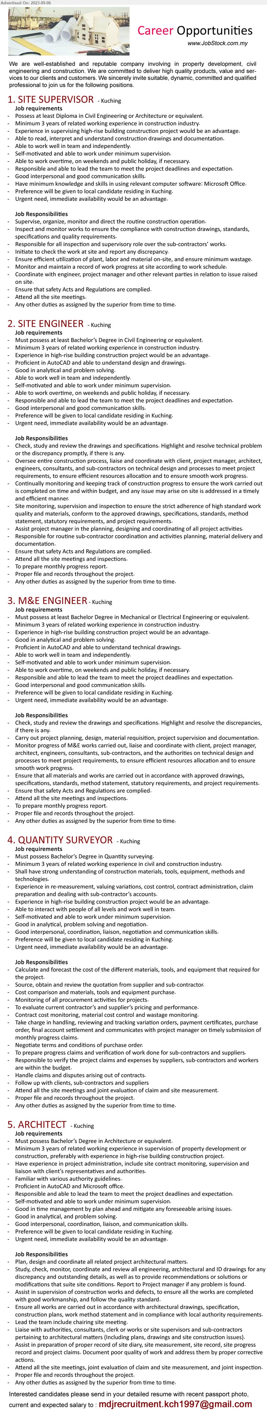 ADVERTISER - 1. SITE SUPERVISOR (Kuching), Diploma in Civil Engineering or Architecture, 3 yrs. exp.,...
2. SITE ENGINEER (Kuching), Bachelor’s Degree in Civil Engineering, 3 yrs. exp.,...
3. M&E ENGINEER (Kuching), Bachelor Degree in Mechanical or Electrical Engineering, 3 yrs. exp.,...
4. QUANTITY SURVEYOR (Kuching), Bachelor’s Degree in Quantity surveying, 3 yrs. exp....
5. ARCHITECT  (Kuching), Bachelor’s Degree in Architecture, 3 yrs. exp.,...
Email resume to ...