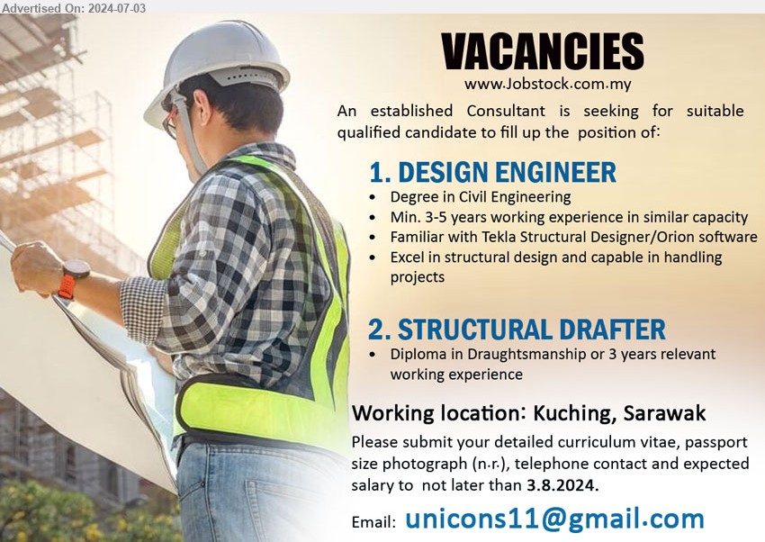 ADVERTISER (Consultant) - 1. DESIGN ENGINEER (Kuching), Degree in Civil Engineering, Min. 3-5 years working experience in similar capacity,...
2. STRUCTURAL DRAFTER (Kuching), Diploma in Draughtsmanship or 3 yrs. exp.,...
Email resume to ...
