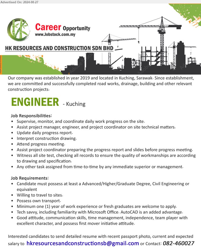 HK RESOURCES AND CONSTRUCTION SDN BHD - ENGINEER   (Kuching), Advanced/Higher/Graduate Degree, Civil Engineering, Tech savvy, including familiarity with Microsoft Office. AutoCAD is an added advantage.,...
Call 082-460027  /Email resume to ...