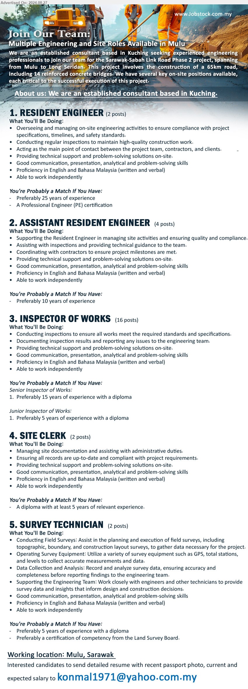 ADVERTISER - 1. RESIDENT ENGINEER (Mulu), 2 posts, A Professional Engineer (PE) certification, 25 yrs. exp.,...
2. ASSISTANT RESIDENT ENGINEER (Mulu), 4 posts, 10 yrs. exp., Supporting the Resident Engineer in managing site activities and ensuring quality and compliance,...
3. INSPECTOR OF WORKS (Mulu), 16 posts, Senior-15 yrs. exp. with Diploma, Junior-5 yrs. exp. with diploma,...
4. SITE CLERK (Mulu), 2 posts, A Diploma with at least 5 years, Managing site documentation and assisting with administrative duties.,...
5. SURVEY TECHNICIAN (Mulu), 2 posts, preferably 5 years of experience with a Diploma, Preferably a certification of competency from the Land Survey Board,...
Email resume to ...