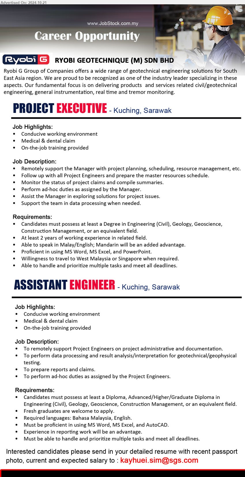 RYOBI GEOTECHNIQUE (M) SDN BHD - 1. PROJECT EXECUTIVE (Kuching), Degree in Engineering (Civil), Geology, Geoscience, Construction Management,,...
2. ASSISTANT ENGINEER (Kuching), Diploma, Advanced/Higher/Graduate Diploma in Engineering (Civil), Geology, Geoscience, Construction Management,,...
Email resume to ...