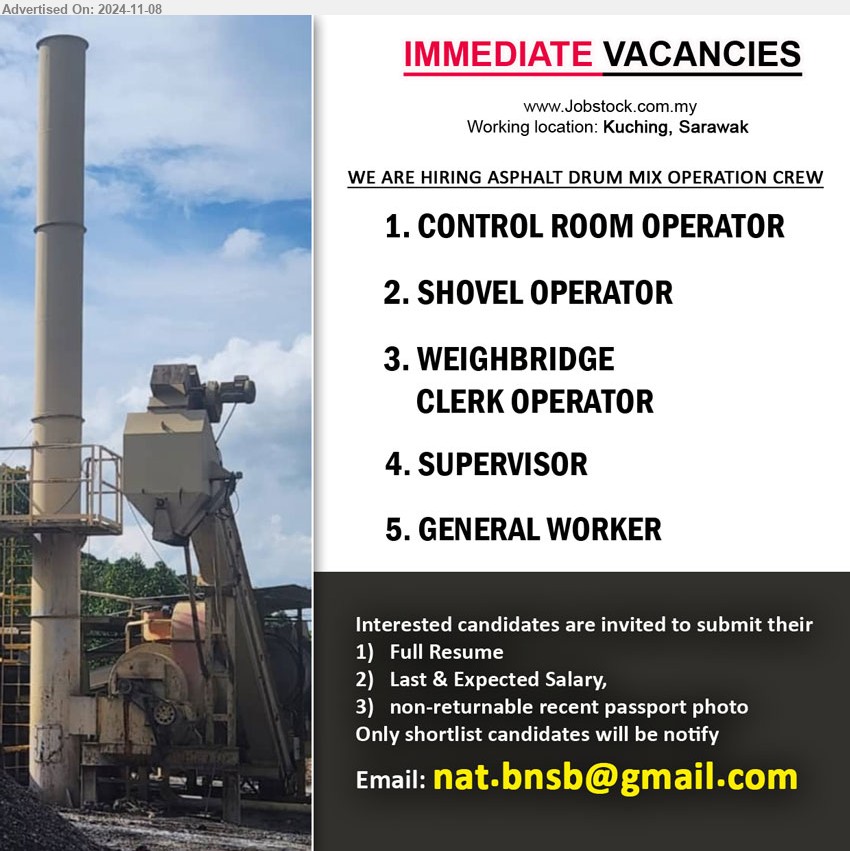 ADVERTISER - 1. CONTROL ROOM OPERATOR (Kuching).
2. SHOVEL OPERATOR (Kuching).
3. WEIGHBRIDGE CLERK OPERATOR (Kuching).
4. SUPERVISOR (Kuching).
5. GENERAL WORKER (Kuching).
Email resume to ...
