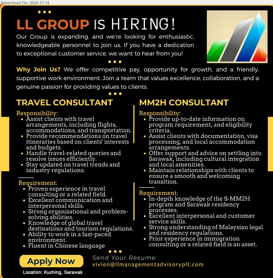 LL GROUP  - 1. TRAVEL CONSULTANT (Kuching), Proven experience in travel consulting, . Knowledge of global travel destinations and tourism regulations.,...
2. MM2H CONSULTANT (Kuching), In-depth knowledge of the S-MM2H program and Sarawak residency processes, Strong understanding of Malaysian legal and residency regulations,...
Email resume to ...
