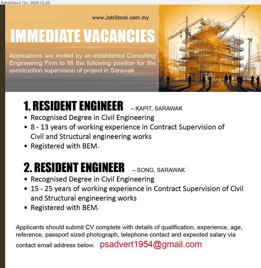 ADVERTISER (Consulting Engineering Firm) - 1. RESIDENT ENGINEER (Kapit), Recognised Degree in Civil Engineering, 8 - 13 yrs. exp.,...
2. RESIDENT ENGINEER (Song), Recognised Degree in Civil Engineering, 15 - 25 yrs. exp.,...
Email resume to ...