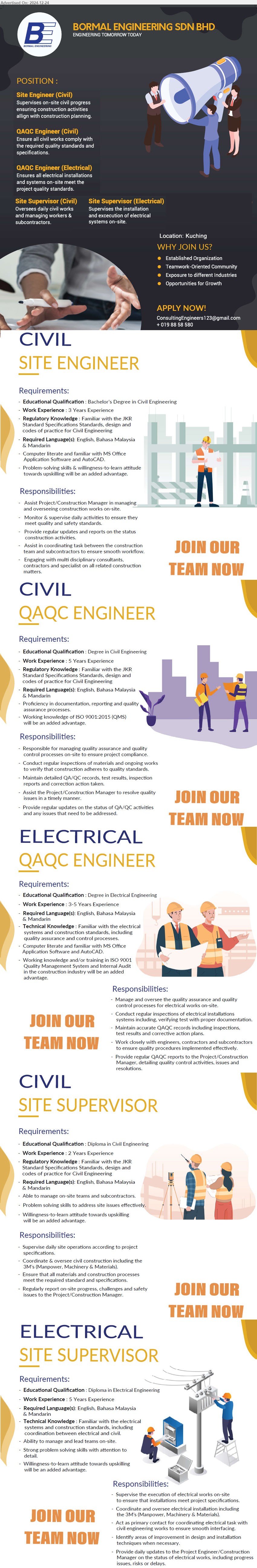 BORMAL ENGINEERING SDN BHD - 1. SITE ENGINEER (CIVIL) (Kuching), Bachelor’s Degree in Civil Engineering, 3 yrs. exp.,...
2. QAQC ENGINEER (CIVIL) (Kuching), Degree in Civil Engineering, 5 yrs. exp.,...
3. QAQC ENGINEER (ELECTRICAL) (Kuching), Degree in Electrical Engineering, 3-5 yrs. exp.,...
4. SITE SUPERVISOR (CIVIL) (Kuching), Diploma in Civil Engineering, 2 yrs. exp.,...
5. SITE SUPERVISOR (ELECTRICAL) (Kuching), Diploma in Electrical Engineering, 5 yrs. exp.,...
Call 019-8858580 / Email resume to ...