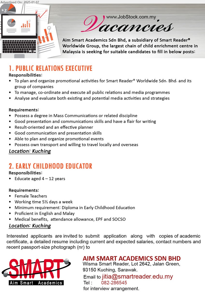 AIM SMART ACADEMICS SDN BHD - 1. PUBLIC RELATIONS EXECUTIVE (Kuching), Degree in Mass Communications, Good presentation and communications skills and have a flair for writing,...
2. EARLY CHILDHOOD EDUCATOR (Kuching), Female Teachers, Diploma in Early Childhood Education,...
Call 082-286545 / Email resume to ...