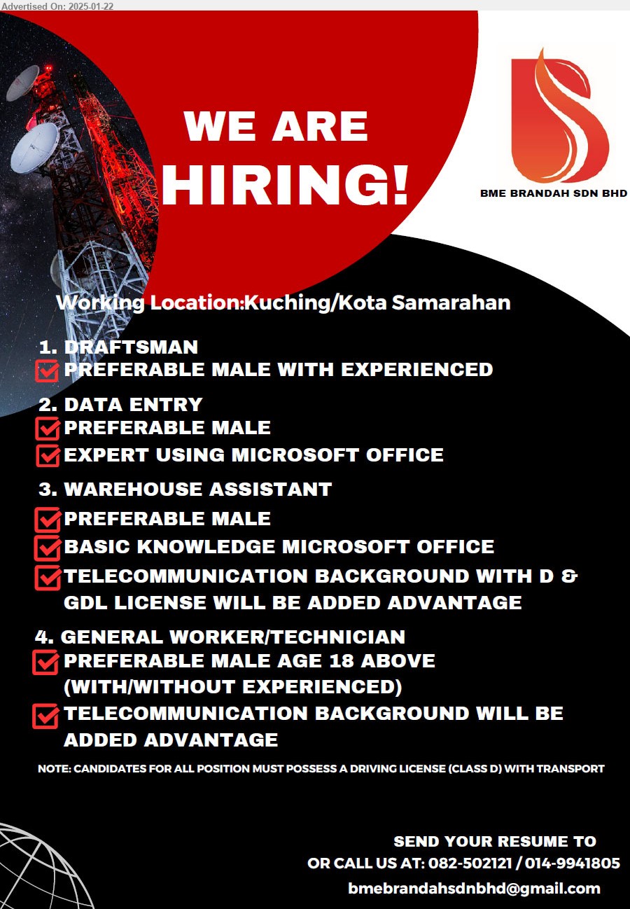 BME BRANDAH SDN BHD - 1. DRAFTSMAN, Preferable male with exp., .. 
2. DATA ENTRY, Preferable male, MS office, ..
3. WAREHOUSE ASSISTANT, Preferable male, MS Office, Telecommunication background, D&GDL license are advantages, ...
4. GENERAL WORKER/ TECHNICIAN. Preferable male, over 18, ..
Working Location: Kuching/Kota Samarahan
Call 082-502121 / 014-9941805 / Email resume to ...
