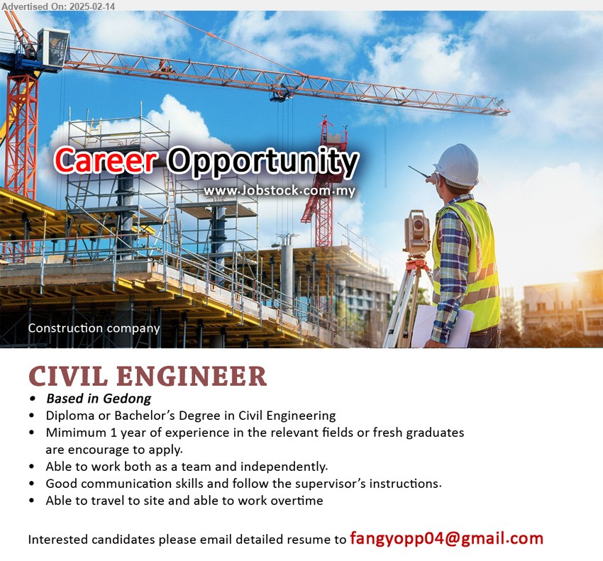 ADVERTISER (Construction Company) - CIVIL ENGINEER (Gedong), Diploma or Bachelor’s Degree in Civil Engineering, 1 yr. exp.,...
Email resume.